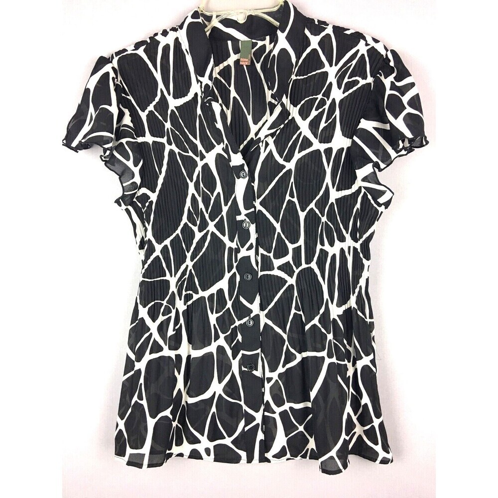 Sere Nade Top Womens Medium Button-Up All-Over Pleats Sheer Geometric BoHo